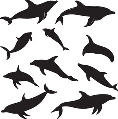 Obraz premium Black Dolphin Silhouettes: Vector Art of Jumping Marine Mammals