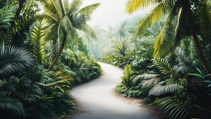 Lush tropical path winds through dense jungle
