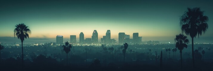 Obraz premium Panoramic photograph of the San Diego skyline at dusk, with palm trees in the foreground and a cinematic, muted color palette with low contrast Generative AI