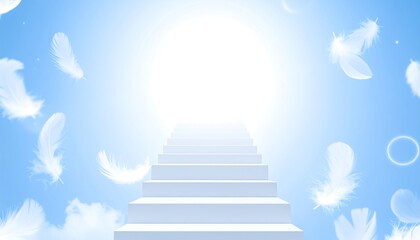 White Staircase Ascending To Bright Light With Floating Feathers On Blue Sky