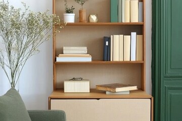 Elegant Home Office Shelf With Books, Plants, And Accessories Creating A Cozy Ambiance For Virtual Meetings And Presentations