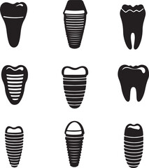 Dental Icons: Black and White Tooth Implants and Teeth Set