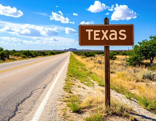 Obraz premium Open road leading to texas sign in vast desert under blue sky