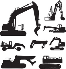 Excavator Silhouette Vector Graphics: Construction Equipment Clipart Set