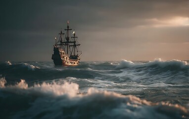 Fototapeta premium Galleon sailing stormy sea sunset.