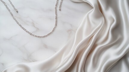 Silver chain necklace on silk fabric and marble elegant jewelry photography