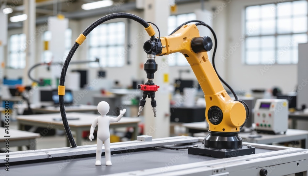Poster robotic arm interacting with a small figure in a modern workspace.