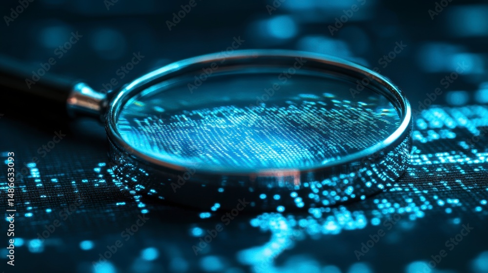 Poster Magnifying glass over a circuit board with glowing data streams.