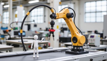 Fototapeta premium Robotic arm interacting with a small figure in a modern workspace.