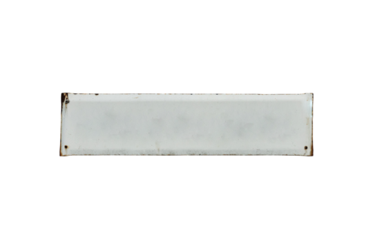 Old white enamel sign plate with rust and copyspace is isolated.