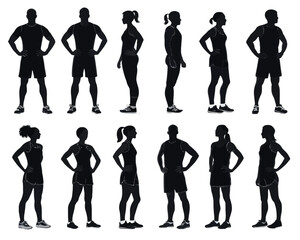 Silhouette collection of athletic men and women standing with hands on hips in various poses and profiles