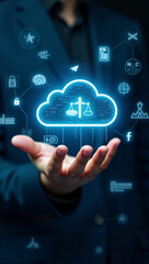 Fototapeta premium A person presenting a cloud computing concept with digital icons floating above their hand, symbolizing the storage and management of digital data in the modern age