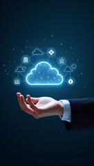 A hand holding a glowing cloud with data connection icons, symbolizing cloud computing and data storage. The image evokes a sense of technological advancement and digital transformation
