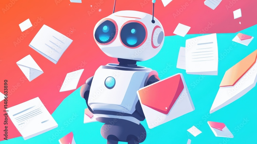 Poster digital robot character surrounded by mail and documents.
