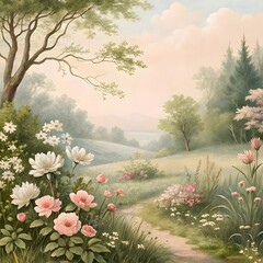 vintage illustration of a beautiful floral landscape in the background