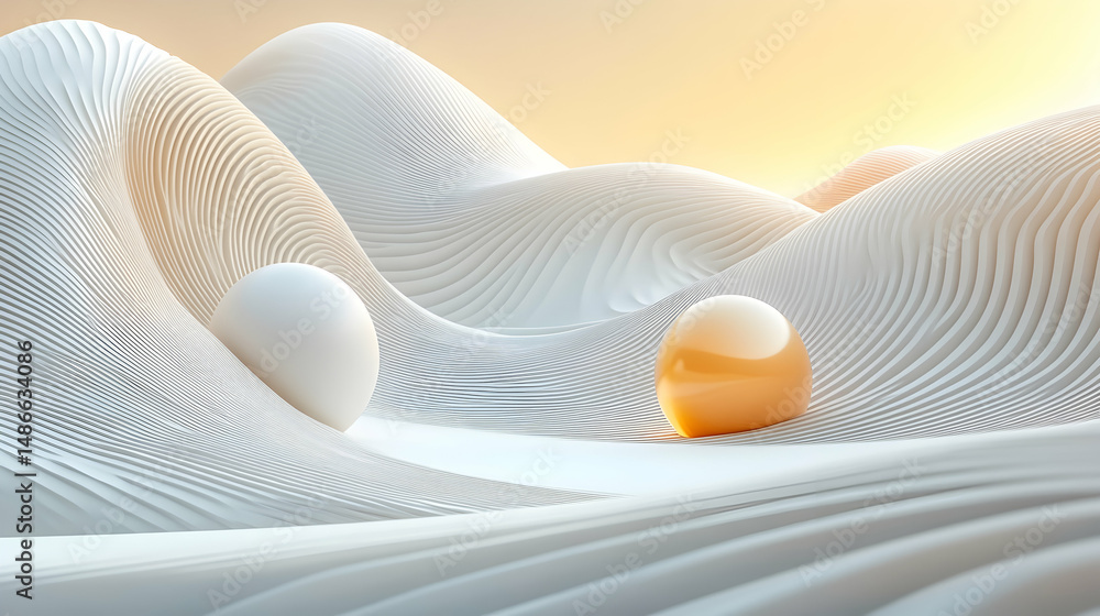 Poster abstract serene landscape with flowing white ridges and spherical objects
