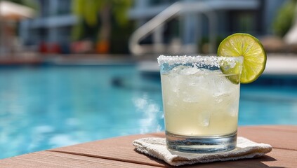 Refreshing lime cocktail by the poolside on a sunny day.