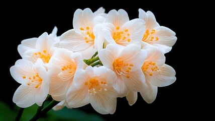 Beautifully Arranged Cluster of Tropical Flowers with Delicate White and Peach Petals on Black Background