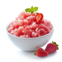 Pink, frosty dessert in a bowl, topped with fresh mint and strawberries