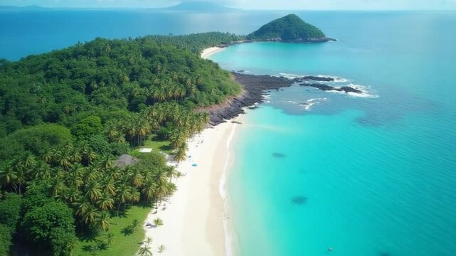 Aerial view Travel to the paradise sea beach. The Indonesia beaches. Travel to Island Banda Neira, idyllic tropical sea beach. Relax on an empty sea beach.