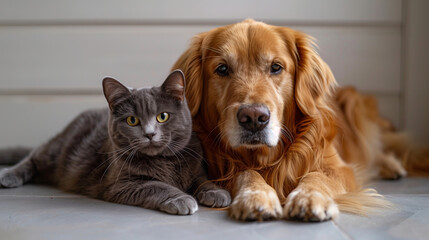  cat and a dog lying on a bed looking at the camera. Friendly pets.