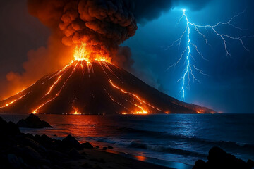 Volcanic Eruption and Lightning Storm over the Ocean