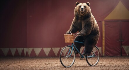 Bear riding a bicycle in a circus environment with a basket  