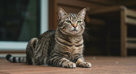 Tabby cat relaxing calmly on wooden deck during summer afternoon - Concept of Animals  