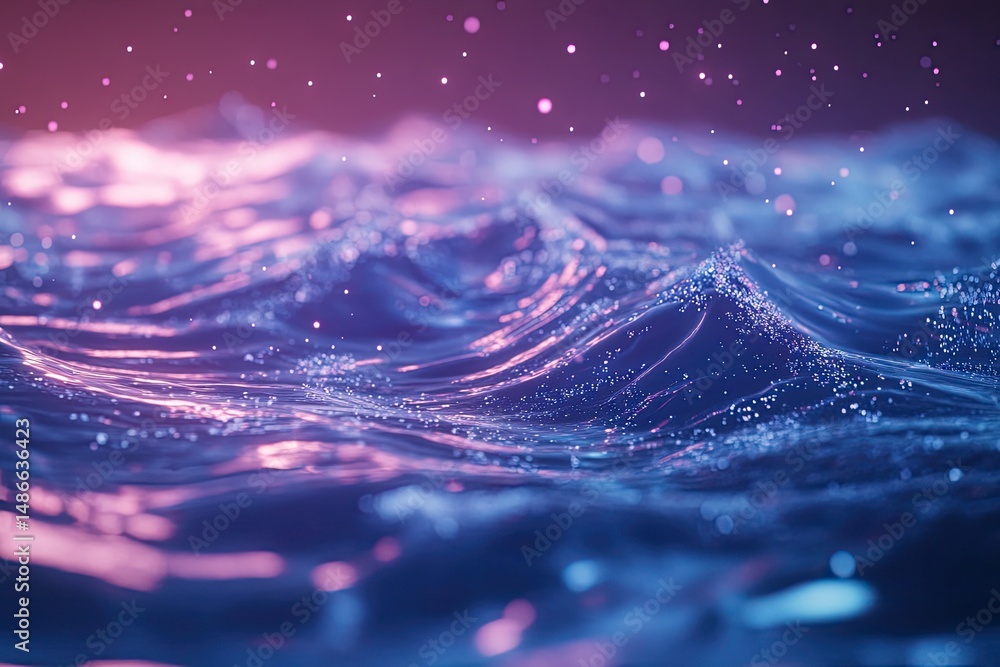 Poster abstract digital landscape with glowing particles and undulating waves