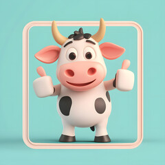 Fototapeta premium Cheerful 3D Cartoon Cow Gesturing Thumbs Up, Positive Animal Character Expression