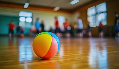 Colorful ball on a wooden floor in a gymnasium.  Children playing in the background