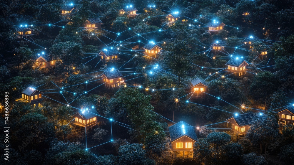 Poster illuminated treehouses connected by a network of glowing lines at night.