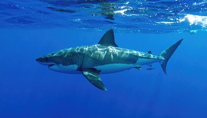 Naklejka premium Majestic Shark in Blue Depths: A magnificent shark gracefully navigates the deep blue ocean, embodying strength and captivating the mystery of marine life. 