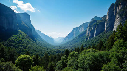 Fototapeta premium Landscape view of coniferous trees and dramatic granite cliffs in National Park. Ideal for nature, travel, and landscape inspiration.