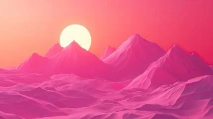 Gordijnen Colorful digital landscape with vibrant mountains and a large sun. © GASTAN ALVARENDRA ST