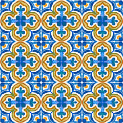 A seamless pattern of decorative tiles features blue and yellow cross or floral motifs