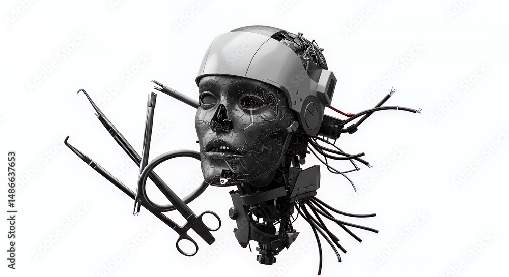 Poster damaged surgical robot isolated on white screen background depicting technological failure ethical c