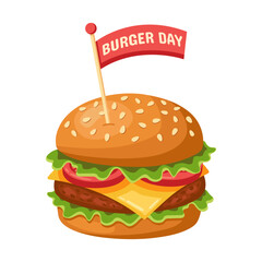 Tasty cartoon-style vector cheeseburger with lettuce, tomato, cheese, beef patty, and sesame bun. A red flag with 