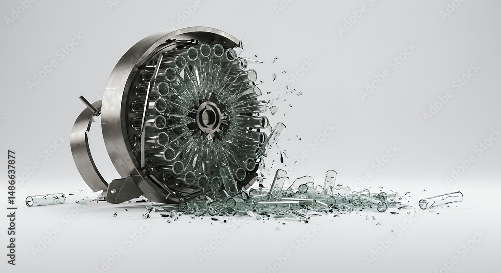 Poster demolished centrifuge with exploded glass tubes displaying broken parts isolated on white screen bac