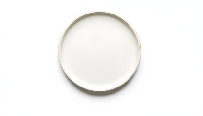 Lone circular ceramic dish on pristine white backdrop, top-down perspective., papercraft. with white shades