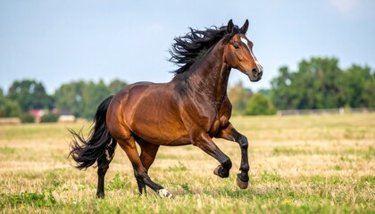 Obraz premium Magnificent Running Horse: A powerful and majestic brown horse gallops across an open field, mane and tail flowing in the wind, against a backdrop of clear blue sky and the serene landscape. 