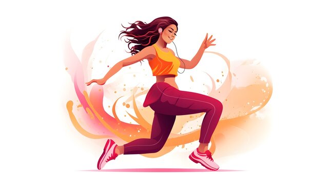 Professional flat vector illustration of a woman dancing Zumba in yoga pants