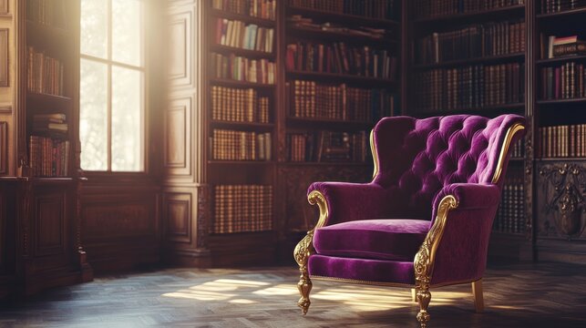 Purple velvet armchair in classic library setting with sunlight