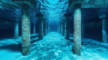 Underwater view of weathered pillars in clear blue water with sandy bottom.