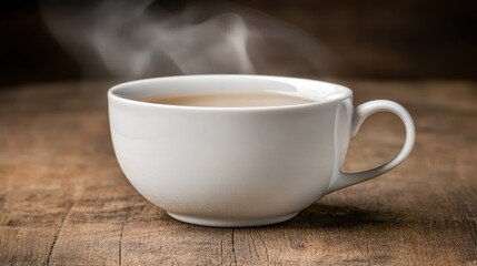 Fototapeta premium Steaming cup of tea on rustic wooden table warm beverage image