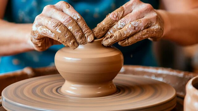 Creative Hands Shaping Clay: A pair of skilled hands molds wet clay on a spinning pottery wheel, crafting an elegant vase. The image highlights the artist's dedication and focus.