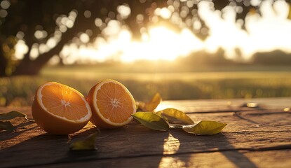 Two halved oranges on a wooden table at sunset