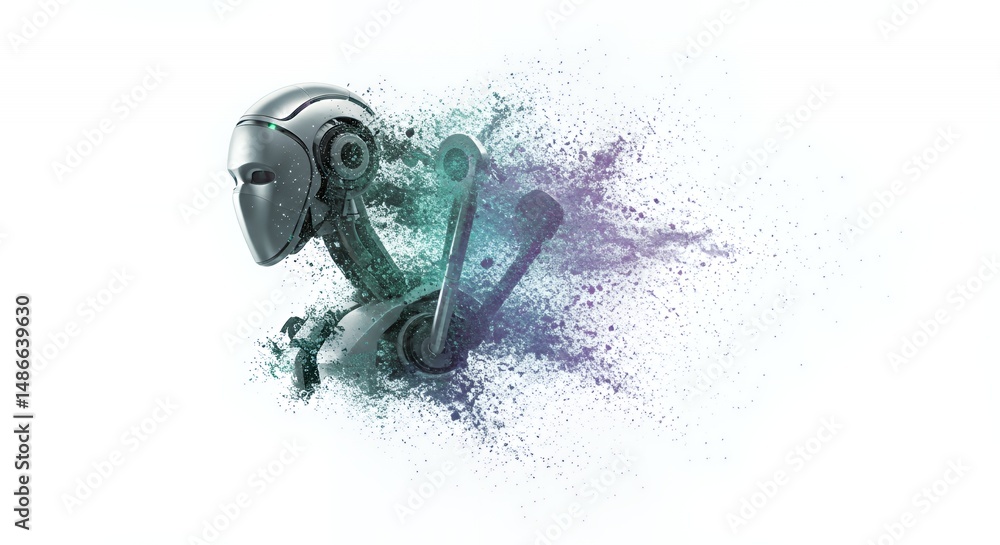 Poster animated surgical robot dissolving into particles on isolated white screen background
