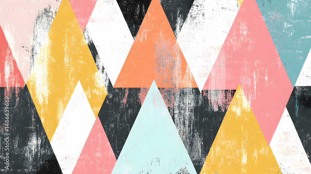 Poster colorful geometric pattern with triangle motifs and distressed textured details
