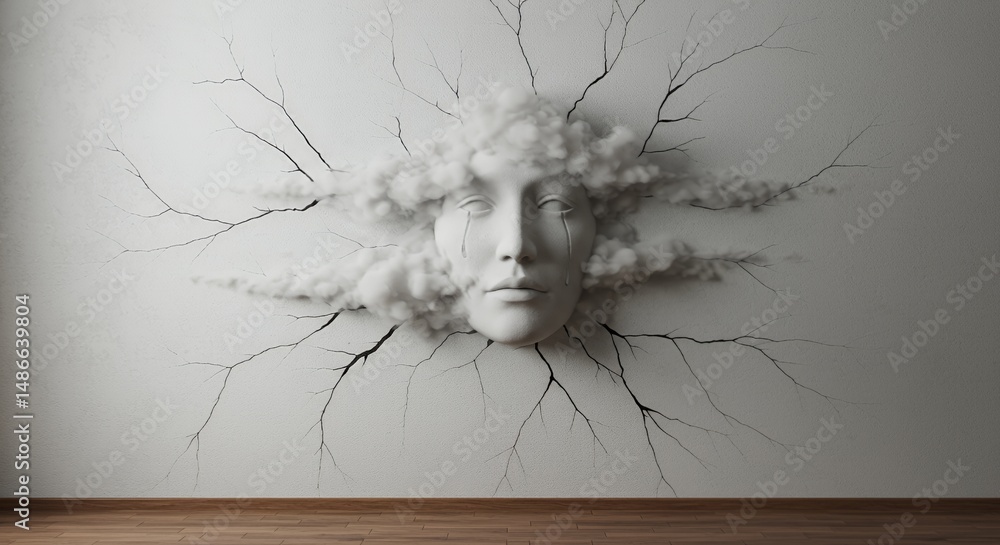 Aufkleber damaged wall featuring a face emerging through cracks on white screen background with cloud like str